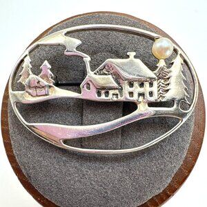 VTG Sterling Silver 925 Pearl Full Moon Trees & cottage Brooch Signed 1.5" x 1"